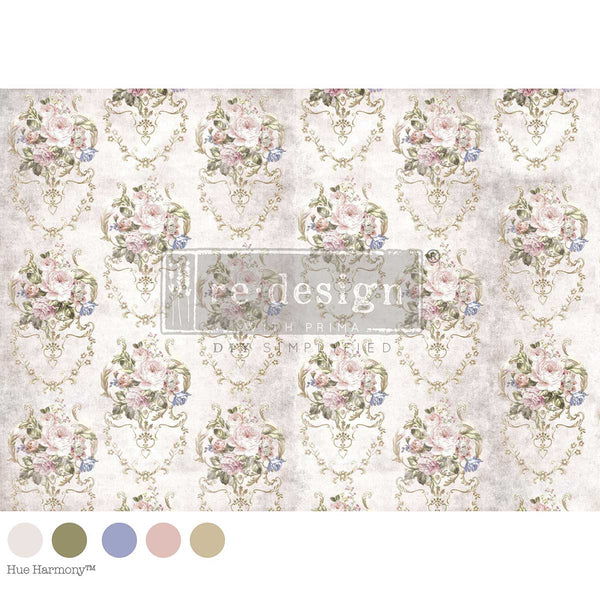 A repeating vintage damask floral wallpaper pattern in soft blush pink, sage green, and muted gold on a warm off-white background, Victorian Tea Room A1 Decoupage Fiber Paper 1 sheet