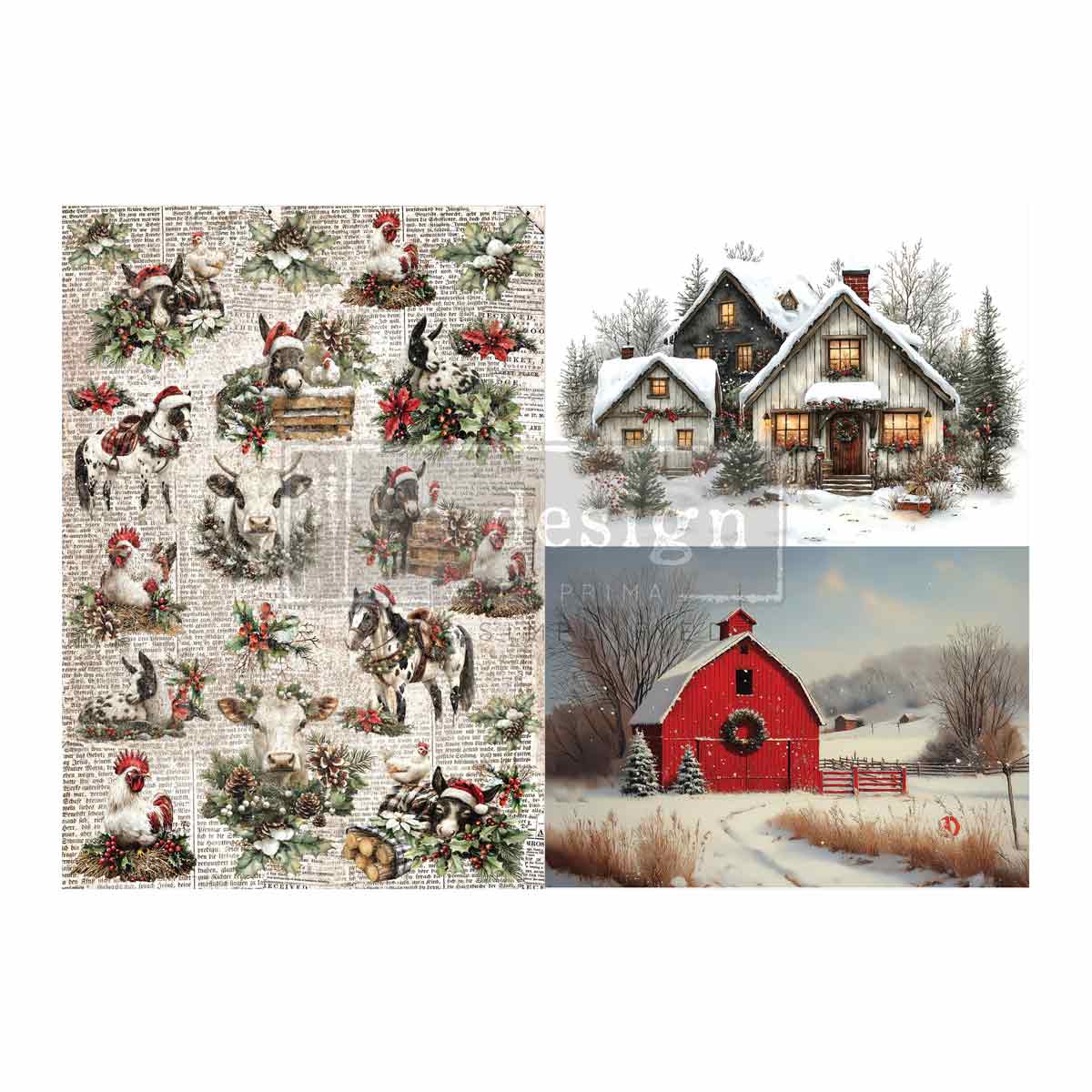Collage of Christmas-themed designs including animals, a snowy village, and a red barn. Cozy Country Christmas A3 Fiber Decoupage Paper 2 sheet by Redesign with Prima