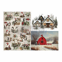 Collage of Christmas-themed designs including animals, a snowy village, and a red barn. Cozy Country Christmas A3 Fiber Decoupage Paper 2 sheet by Redesign with Prima