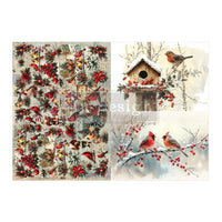 Two Christmas-themed designs featuring birds and nature elements on a white background. Feathered Elegance Christmas A3 Fiber Decoupage Paper 2 sheet redesign with Prima christmas