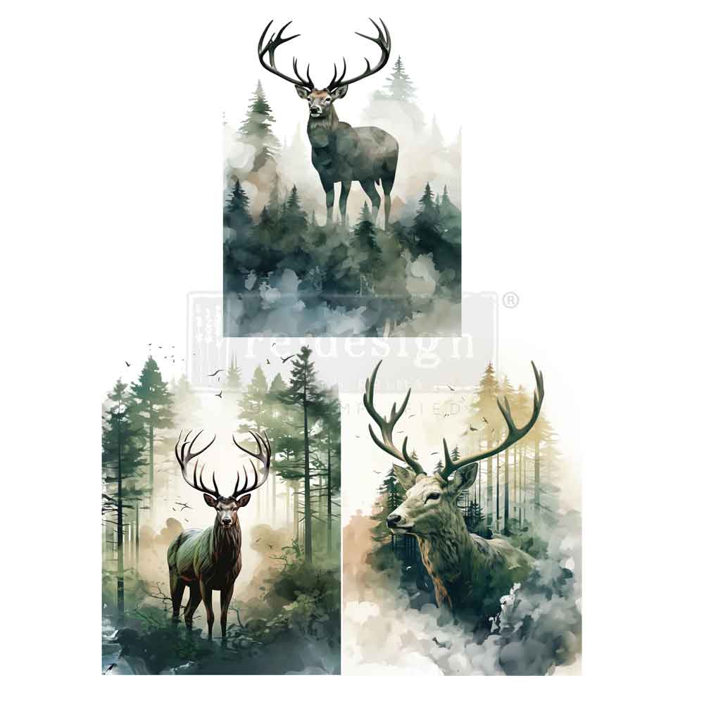 Three illustrations of deer in a forest setting with a lake. Vapor & Velvet A3 Fiber Decoupage Paper 3 sheet Redesign with Prima Christmas