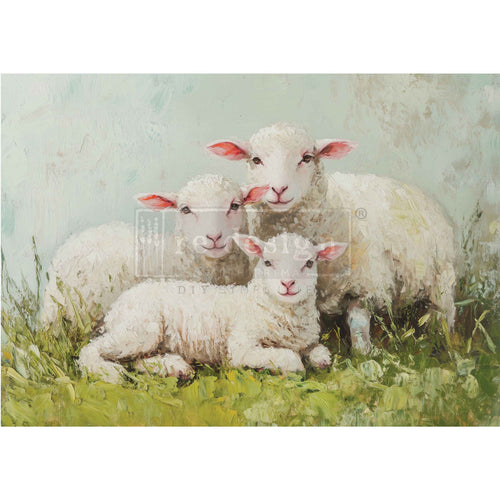 Painting of three sheep in a grassy field. Lamb of Serenity A3 Fiber Decoupage Paper 1 sheet