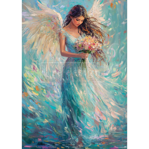 Painting of an angel holding flowers with a soft, pastel color palette. Seraphina in Sapphire A3 Fiber Decoupage Paper 1 sheet