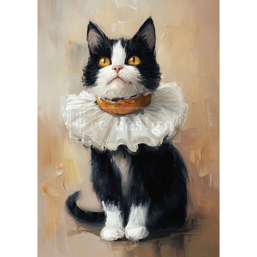 Painting of a black and white cat wearing a white ruffled collar on a beige background, Whiskers in Oil A3 Fiber Decoupage Paper 1 sheet