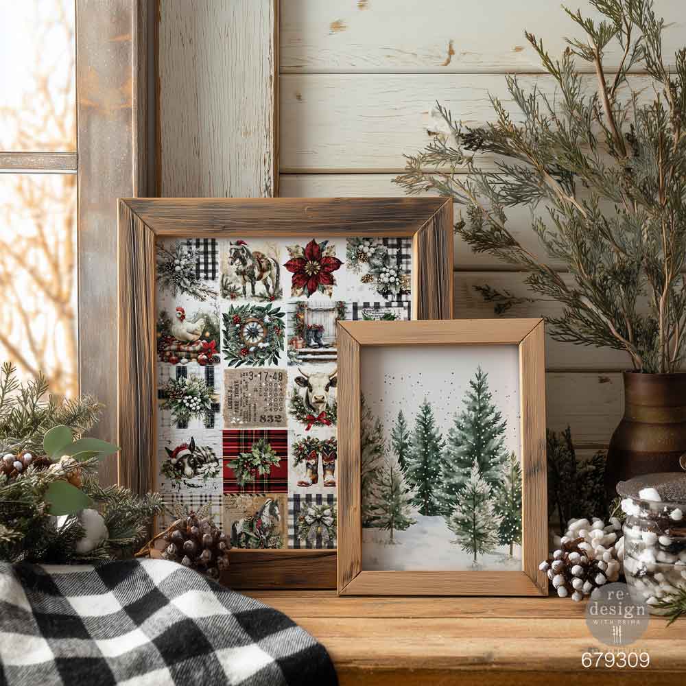 Collage of Christmas-themed images including a wooden cart with decorations, trees, and plaid patterns. Farmhouse Frost A4 Fiber Decoupage Paper 2 sheet Redesign with Prima