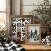 Collage of Christmas-themed images including a wooden cart with decorations, trees, and plaid patterns. Farmhouse Frost A4 Fiber Decoupage Paper 2 sheet Redesign with Prima
