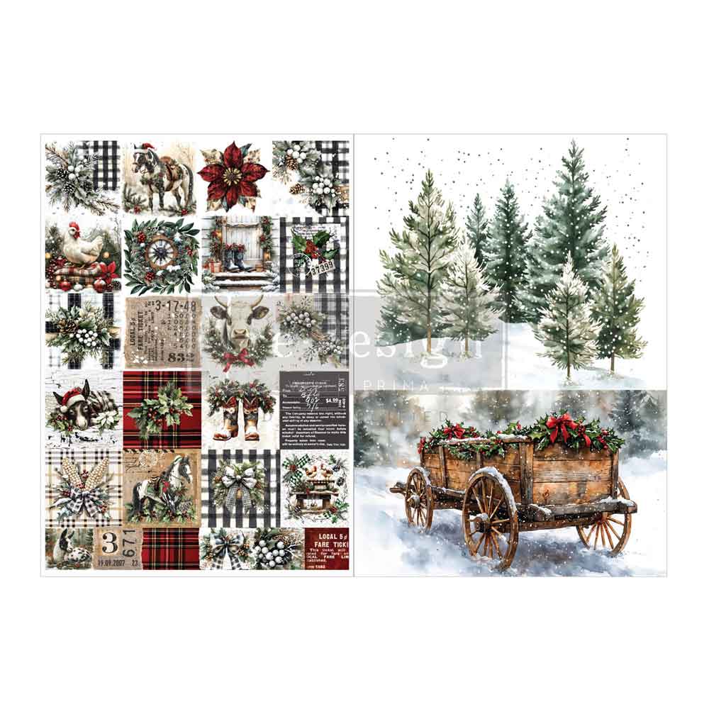 Collage of Christmas-themed images including a wooden cart with decorations, trees, and plaid patterns. Farmhouse Frost A4 Fiber Decoupage Paper 2 sheet Redesign with Prima
