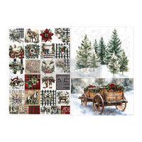 Collage of Christmas-themed images including a wooden cart with decorations, trees, and plaid patterns. Farmhouse Frost A4 Fiber Decoupage Paper 2 sheet Redesign with Prima