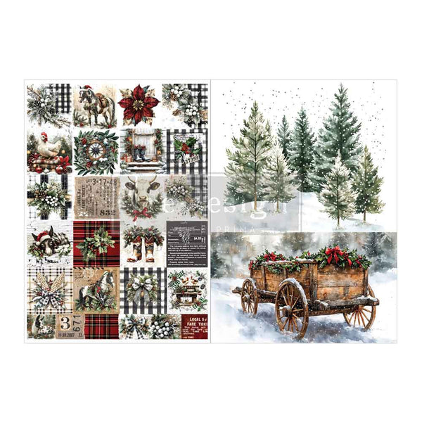Collage of Christmas-themed images including a wooden cart with decorations, trees, and plaid patterns. Farmhouse Frost A4 Fiber Decoupage Paper 2 sheet Redesign with Prima