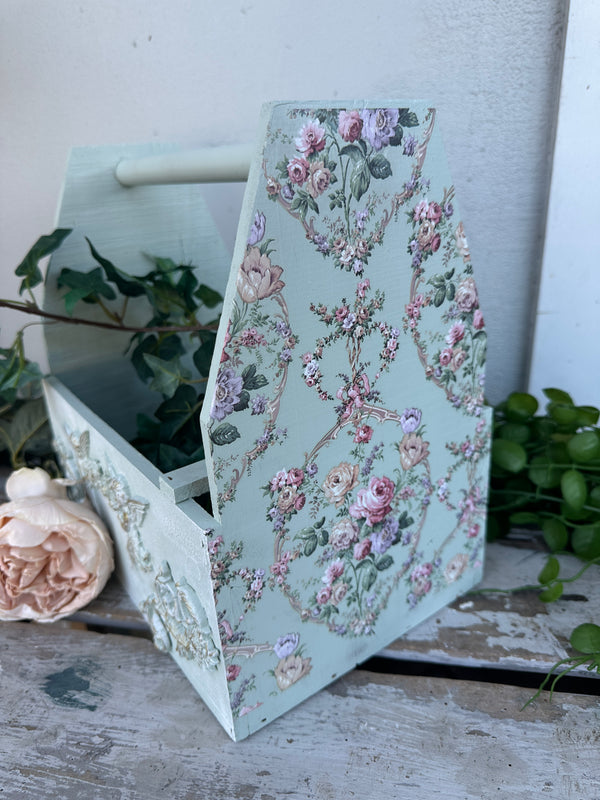 Mint Tote with floral and cherubs front