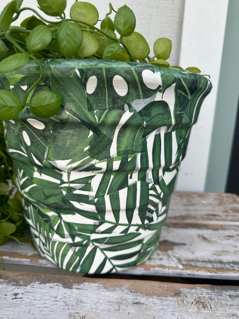 Decoupaged Plant pot with metal stand - painted ex the PMV studio
