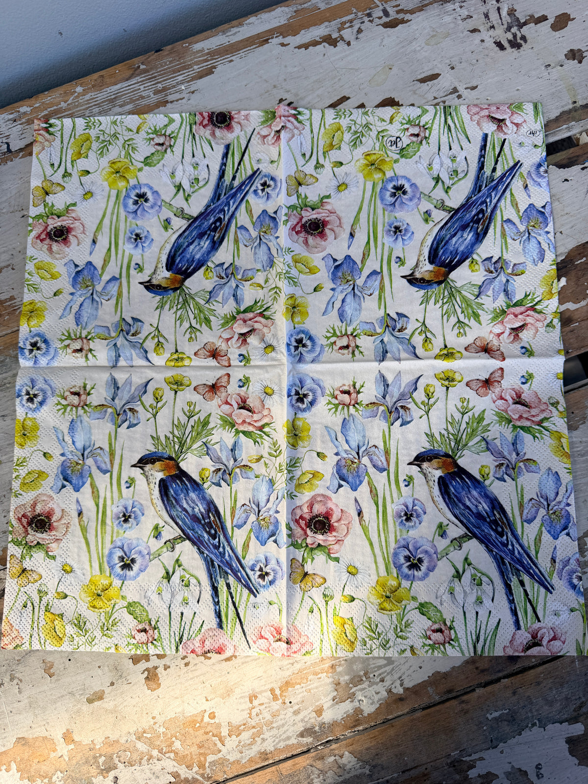 Spring Blossoms & Blue Bird Cream Napkin for Decoupage