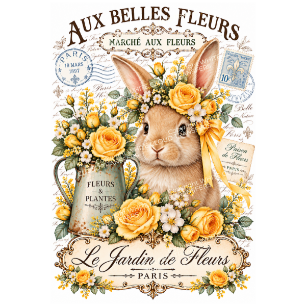 A vintage-style illustrated rabbit wearing a floral crown and bow, surrounded by yellow roses, white daisies, leaves, a metal pitcher labeled 'Fleurs & Plantes,' postmarks, and decorative French text reading 'Aux Belles Fleurs,' 'Marché aux Fleurs,' and 'Le Jardin de Fleurs Paris.'.