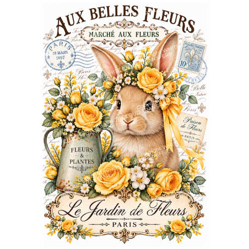 A vintage-style illustrated rabbit wearing a floral crown and bow, surrounded by yellow roses, white daisies, leaves, a metal pitcher labeled 'Fleurs & Plantes,' postmarks, and decorative French text reading 'Aux Belles Fleurs,' 'Marché aux Fleurs,' and 'Le Jardin de Fleurs Paris.'.