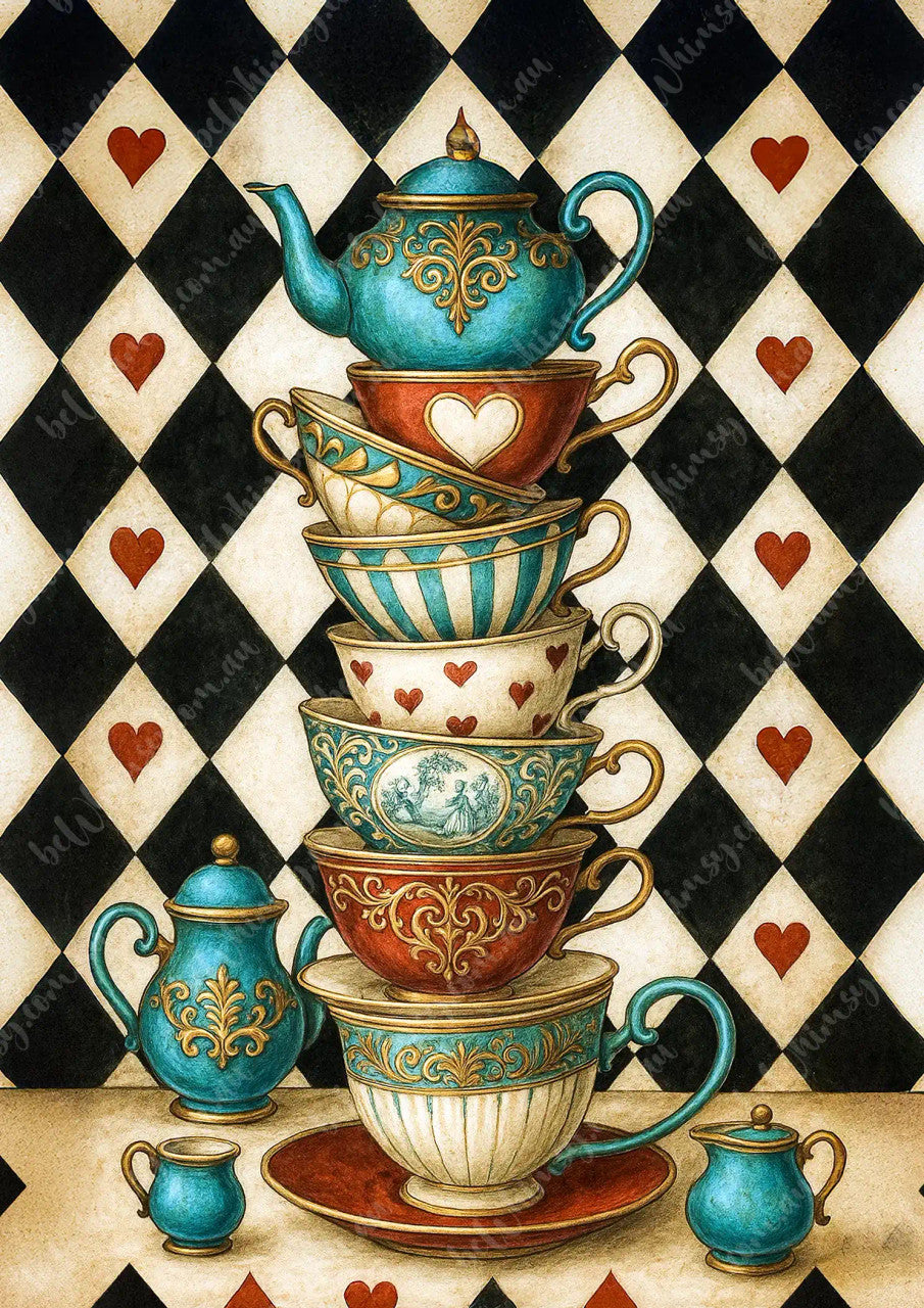 Stack of colorful teacups and teapots on a checkered background with heart shapes. Alice Teacup Tumble Mulberry Decoupage Paper