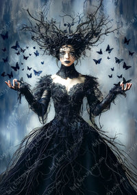 Woman in a dark, intricate dress with branches and butterflies against a gray background Alraune Mulberry Decoupage Paper