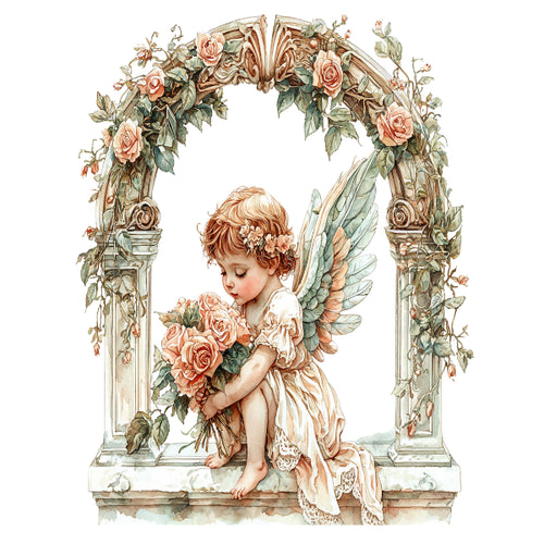 Illustration of an angel with flowers under a decorative arch