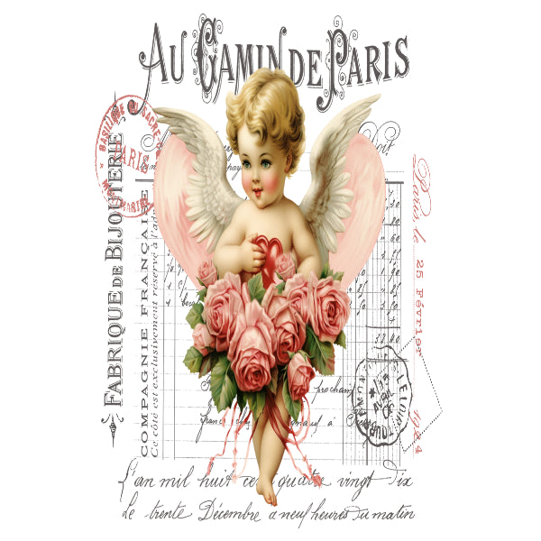 Vintage-style illustration of an angel with pink wings holding roses, featuring text 'Au Gamin de Paris' on a white background.