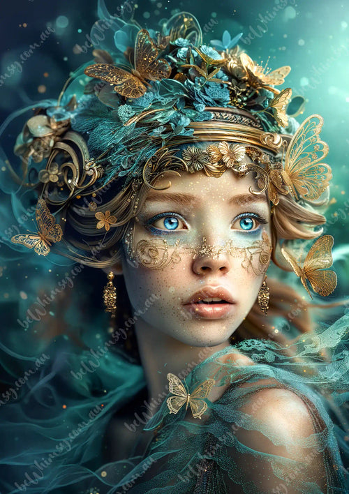 Fantasy artwork of a woman with butterfly decorations and teal and gold colors.