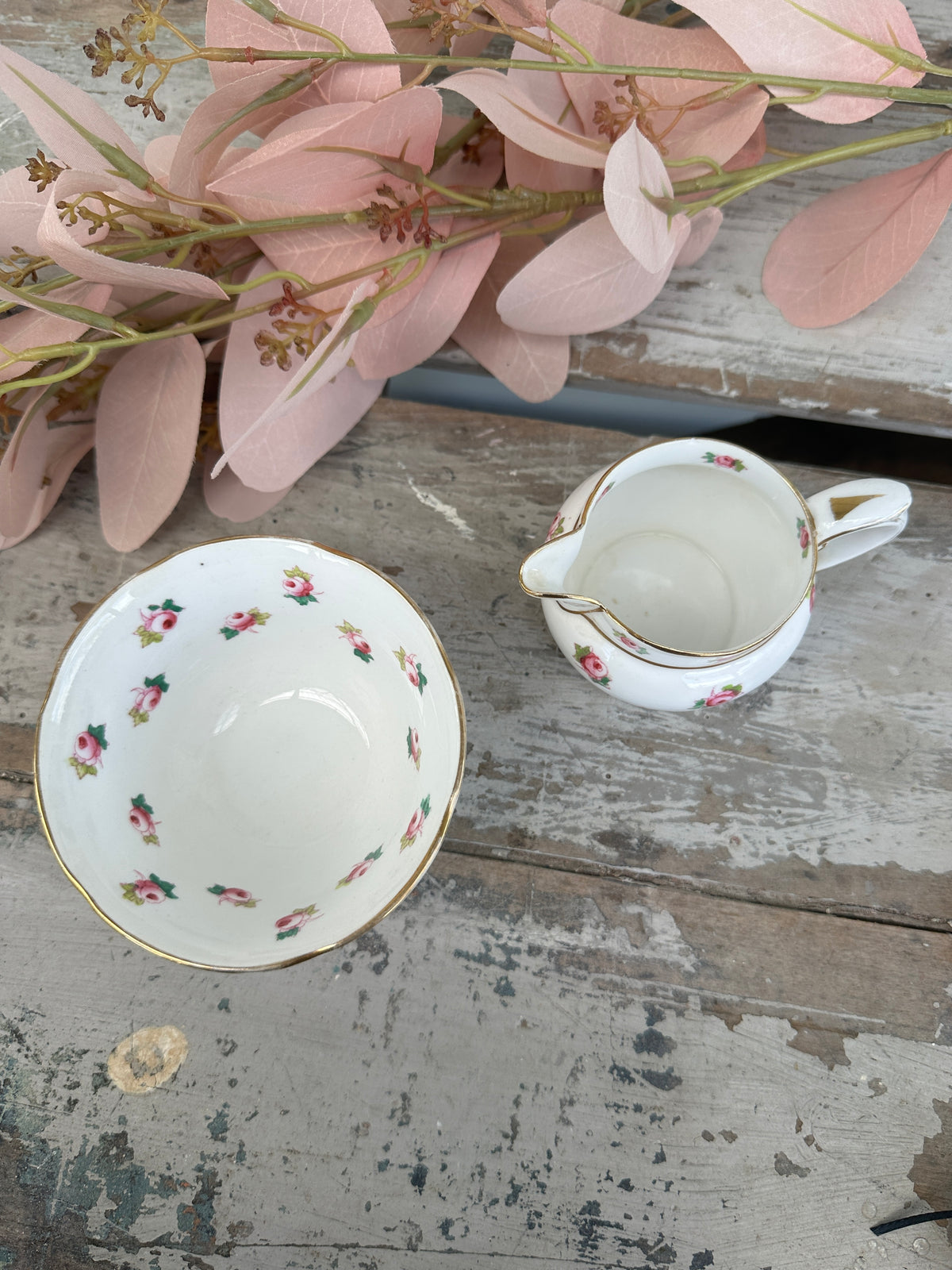 Pink rosebud set sugar bowl and jug Made in England