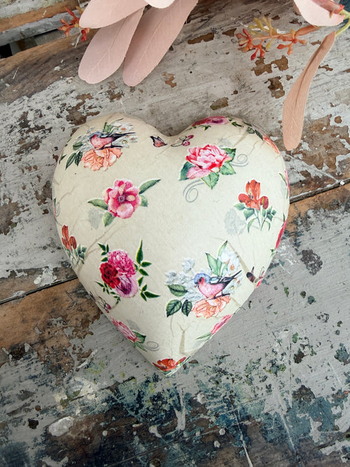 Birds & Flowers on stone background Ceramic Heart