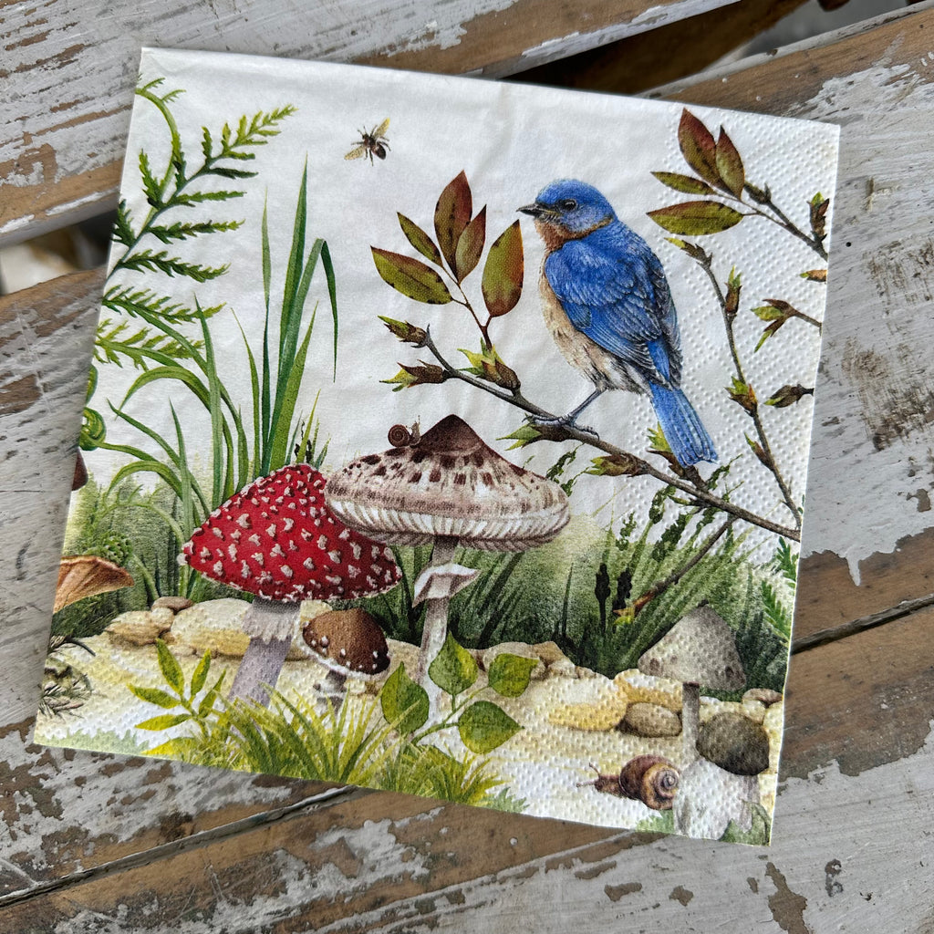 Blue Bird & Mushroom Napkin for Decoupage