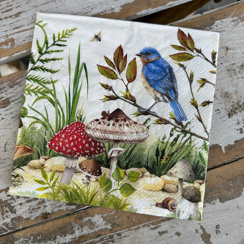 Blue Bird & Mushroom Napkin for Decoupage