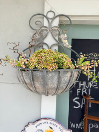 A rustic French grey metal hanging planter with intricate filigree design, .