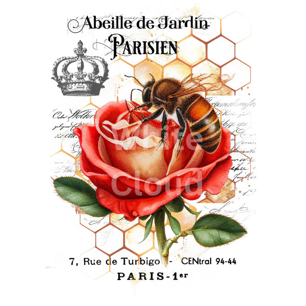 Bee & Rose White Cloud Transfer Illustration of a bee on a red rose with honeycomb patterns and text in the background.