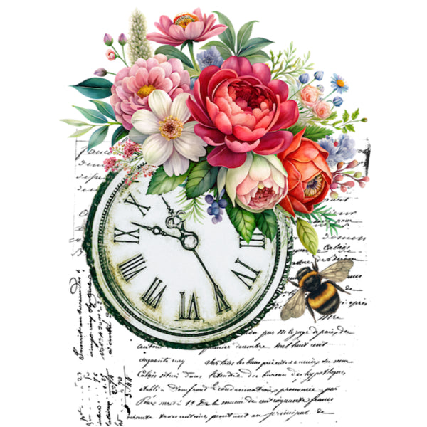 Floral arrangement with a pocket watch and bee on a white Bee and Script III White Cloud Transferbackground