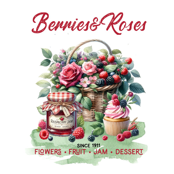 A vintage-style illustrated label or sign for 'Berries&Roses' featuring a wicker basket overflowing with pink roses, blackberries, and raspberries, alongside a jar of raspberry jam and a pink-frosted cupcake. The text 'Berries&Roses' appears at the top, and 'FLOWERS • FRUIT • JAM • DESERT' with 'SINCE 1911' appears at the bottom.