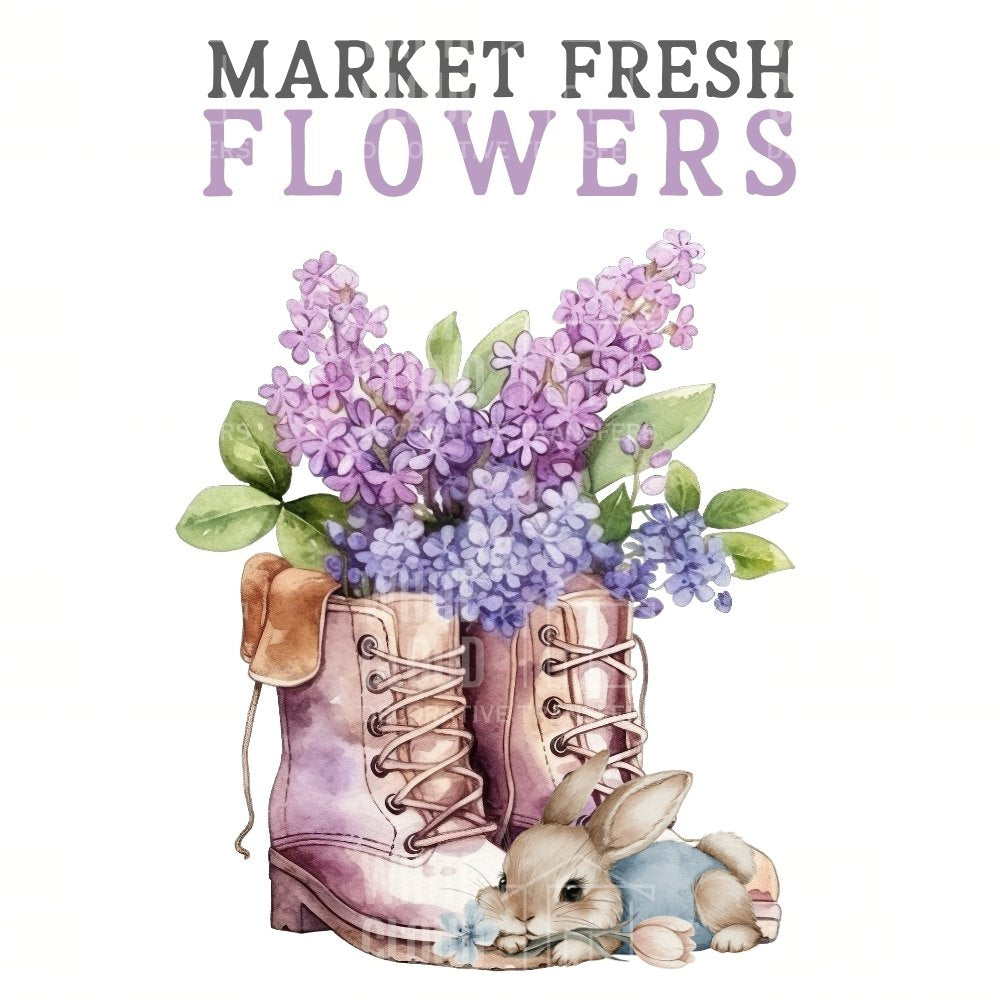 Floral arrangement in boots with a bunny, labeled 'Market Fresh Flowers' on a white background