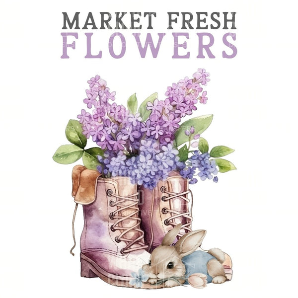 Floral arrangement in boots with a bunny, labeled 'Market Fresh Flowers' on a white background