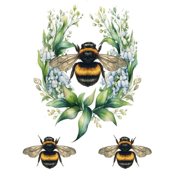 Three bees surrounded by flowers and leaves on a white background Buzzing Bliss White Cloud Transfer