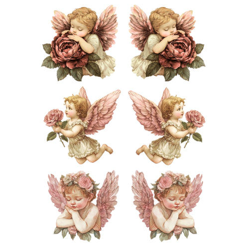 Set of six vintage-style illustrations of cherubs with flowers on a white background Baby pink Angels White Cloud Transfer