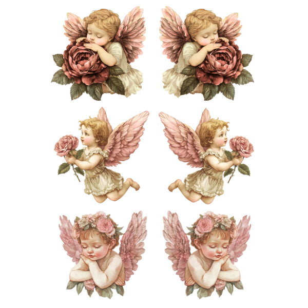 Set of six vintage-style illustrations of cherubs with flowers on a white background Baby pink Angels White Cloud Transfer