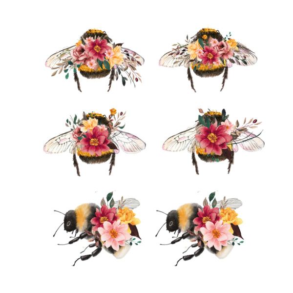Set of six decorative bees with floral patterns on a white background