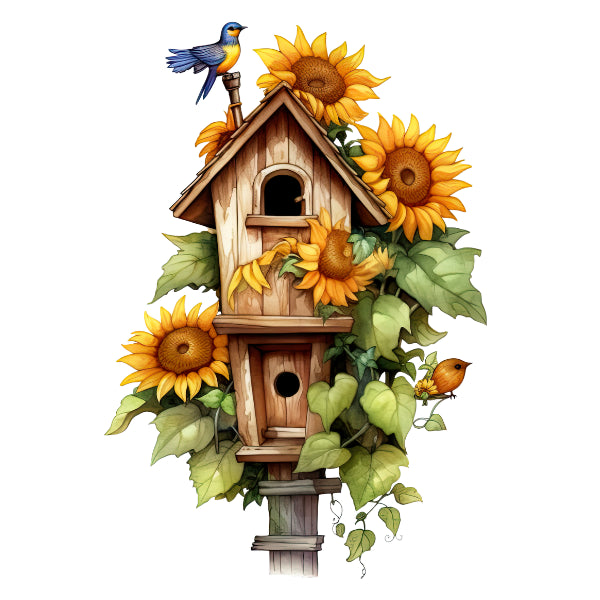 Wooden birdhouse with sunflowers and birds on a white background Bird House with sunflowers White Cloud Transfer