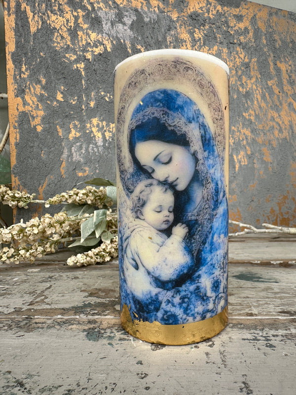 Blue & White Mary w Child Candle Tall