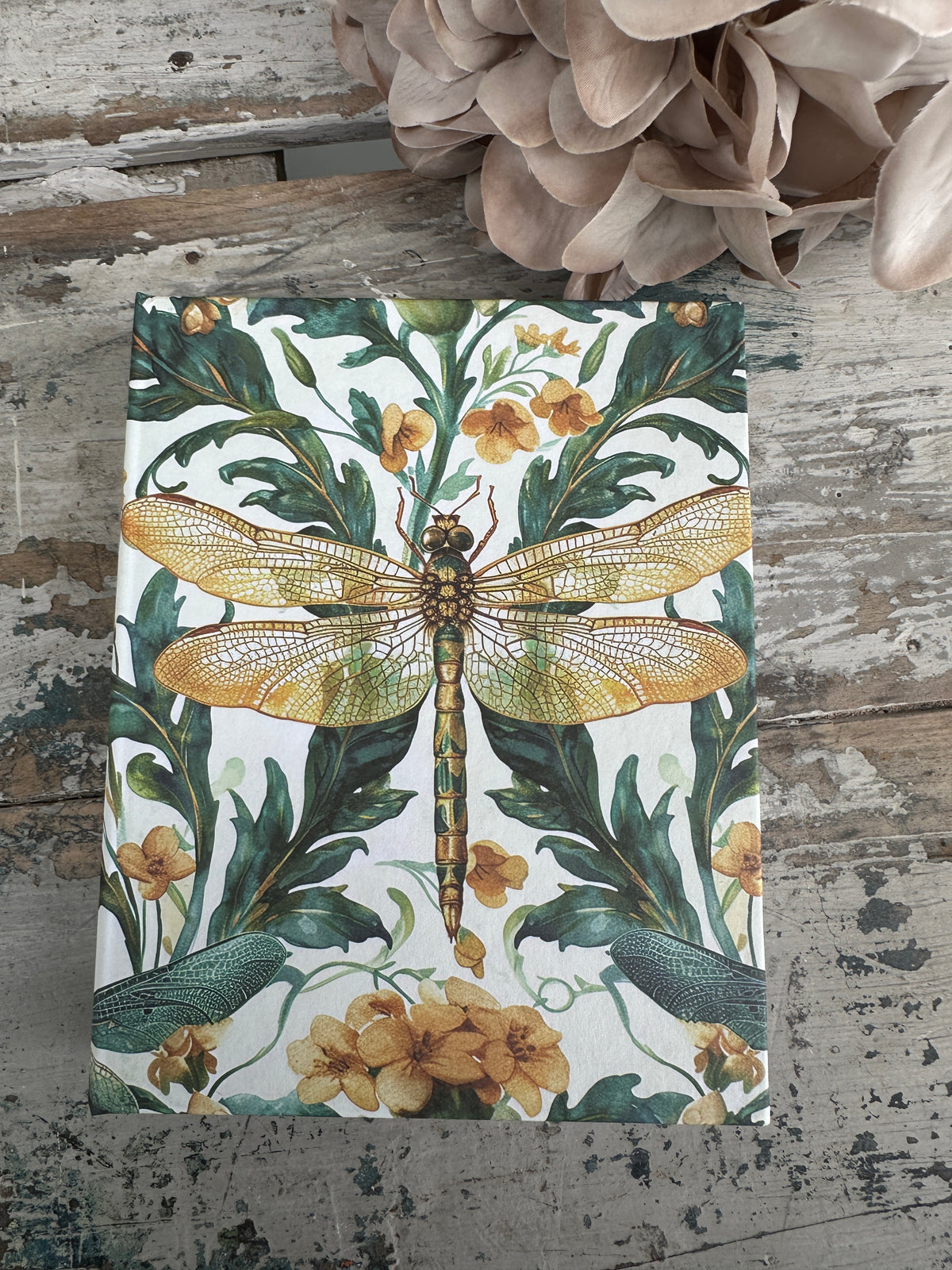 Decorative paper with a dragonfly and floral design on a Jotter Pad Dragonfly Autumn