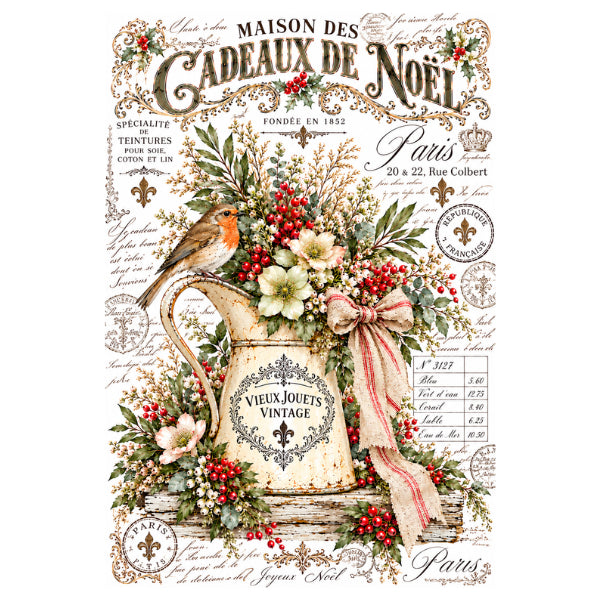 A vintage-style French New Year decorative print featuring a cream pitcher, red berries, white flowers, green leaves, a pink ribbon, a bird, and ornate script and crest elements on an off-white background. Cadeaux De Noel 2 White Cloud Transfer