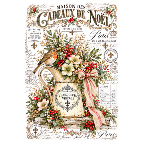 A vintage-style French New Year decorative print featuring a cream pitcher, red berries, white flowers, green leaves, a pink ribbon, a bird, and ornate script and crest elements on an off-white background. Cadeaux De Noel 2 White Cloud Transfer