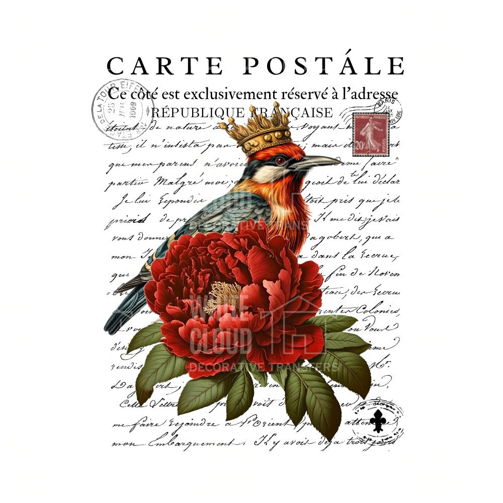 Decorative postcard with a bird wearing a crown and a red flower on a white background with text.