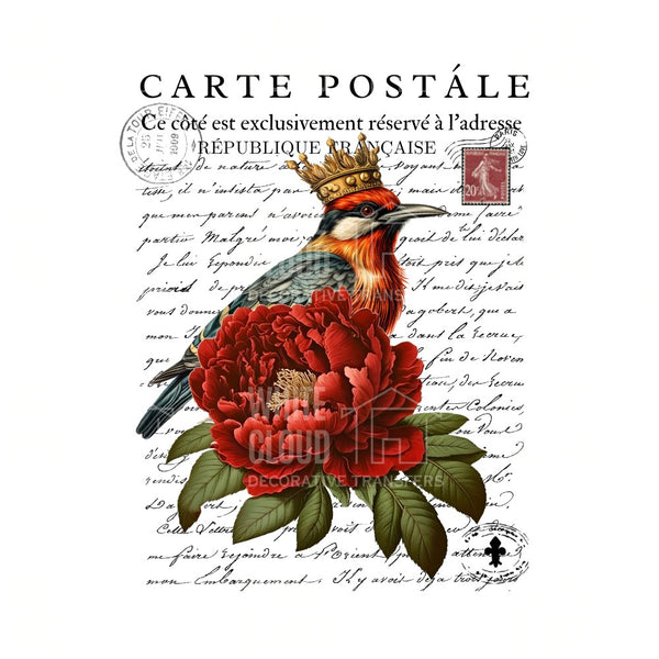 Decorative postcard with a bird wearing a crown and a red flower on a white background with text.