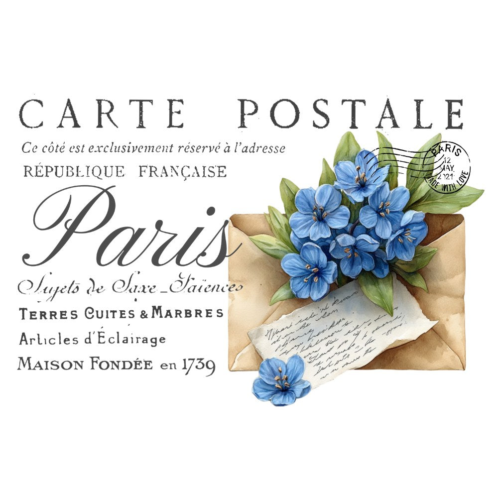 Carte Postale design with blue flowers and vintage envelope on a white background. Carte Postale 13 Blue White Cloud Transfer