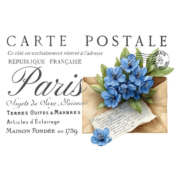 Carte Postale design with blue flowers and vintage envelope on a white background. Carte Postale 13 Blue White Cloud Transfer