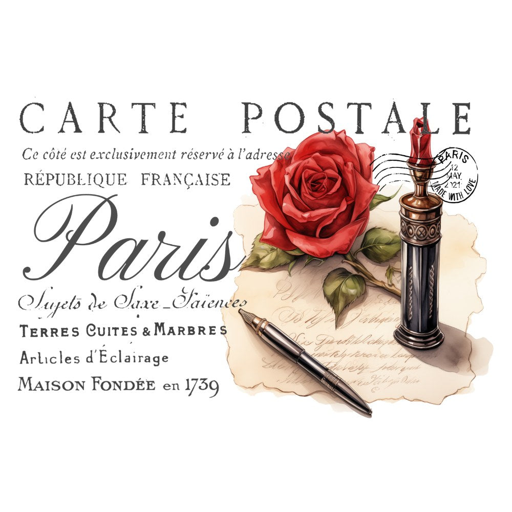 Vintage-style postcard with a red rose, pen, and stamp on an old letter background. Carte Postale 15 Rose White Cloud Transfer