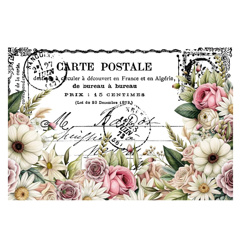 Vintage-style postcard with floral design and decorative text