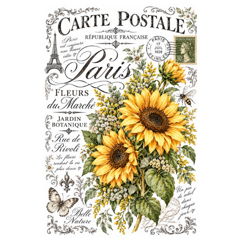 A vintage-style Paris postcard design with large yellow sunflowers, green leaves, small white blossoms, a butterfly, Eiffel Tower sketch, cursive 'Paris' text, and French decorative typography on an off-white background.