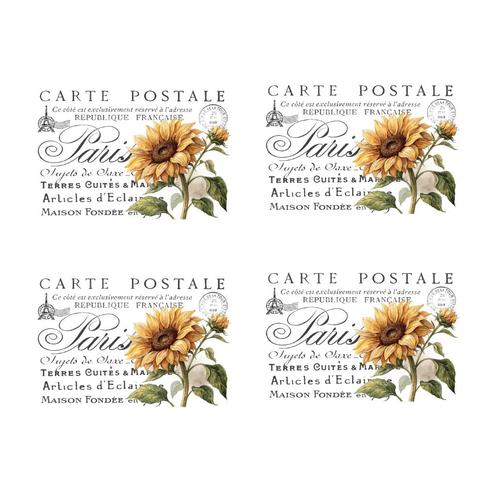 Four vintage-style postcard designs with sunflowers and French text on a white background.